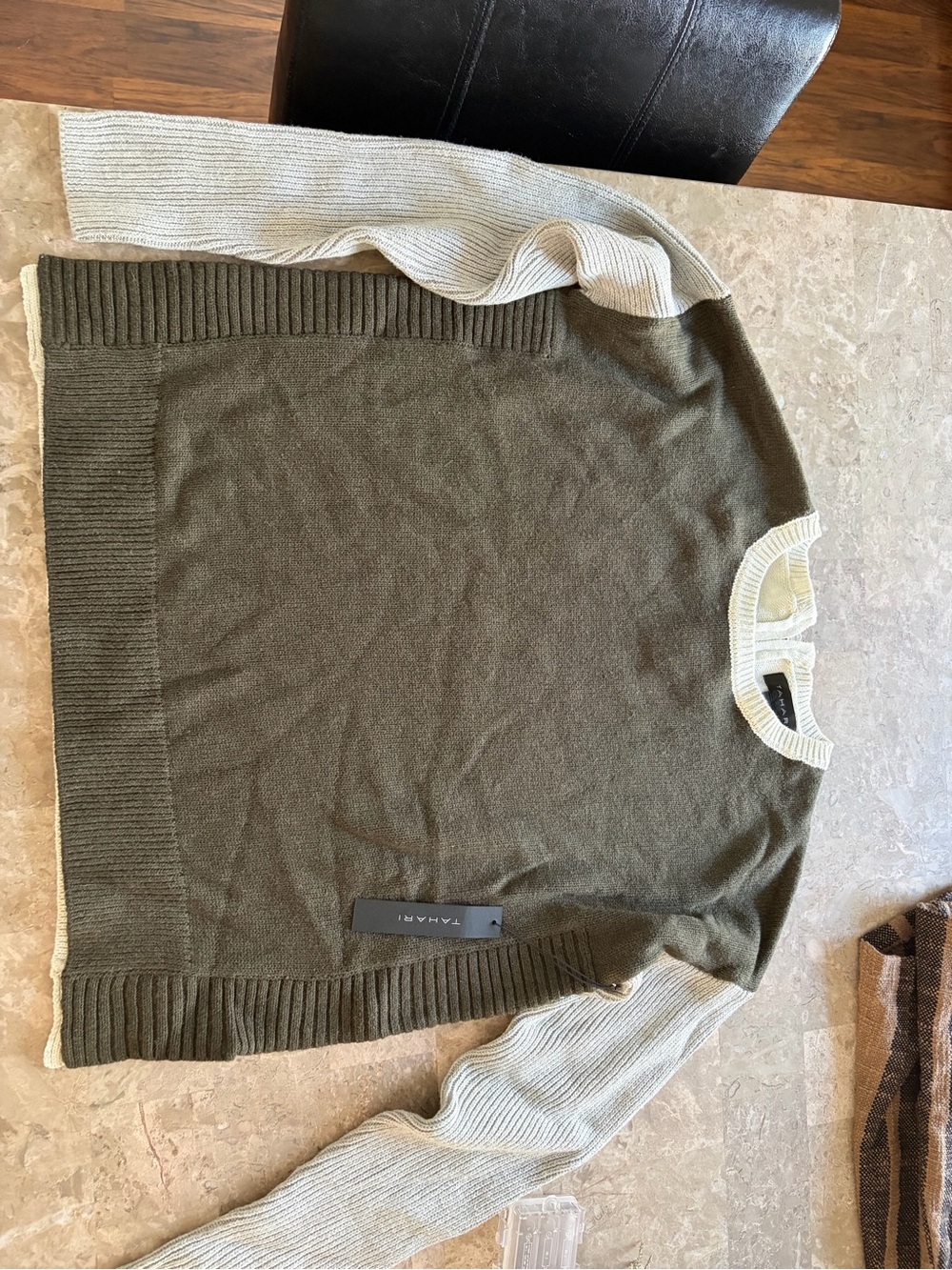 Tahari Olive Green Body with Cream Sleeve Crewneck Sweater